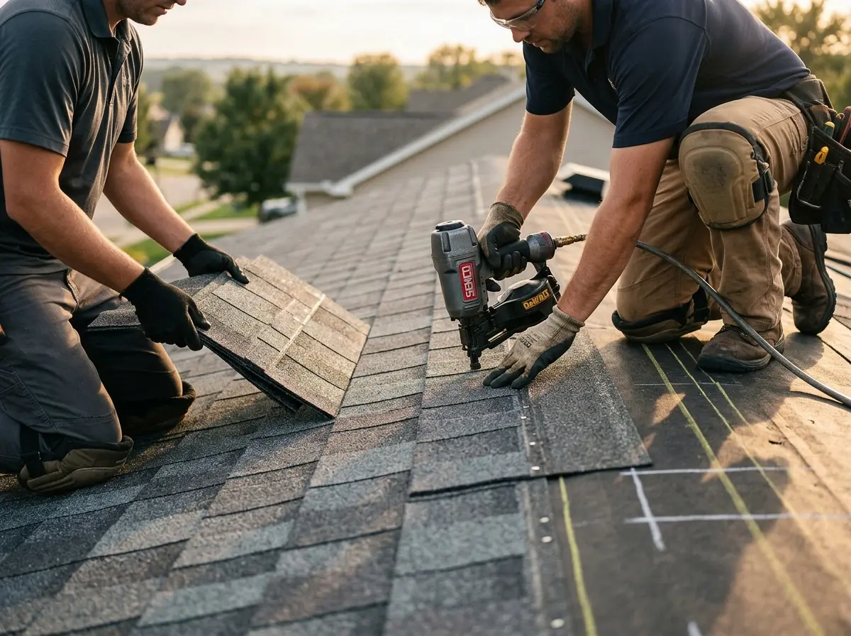 Professional roofer working on a residential roof in East Peoria
